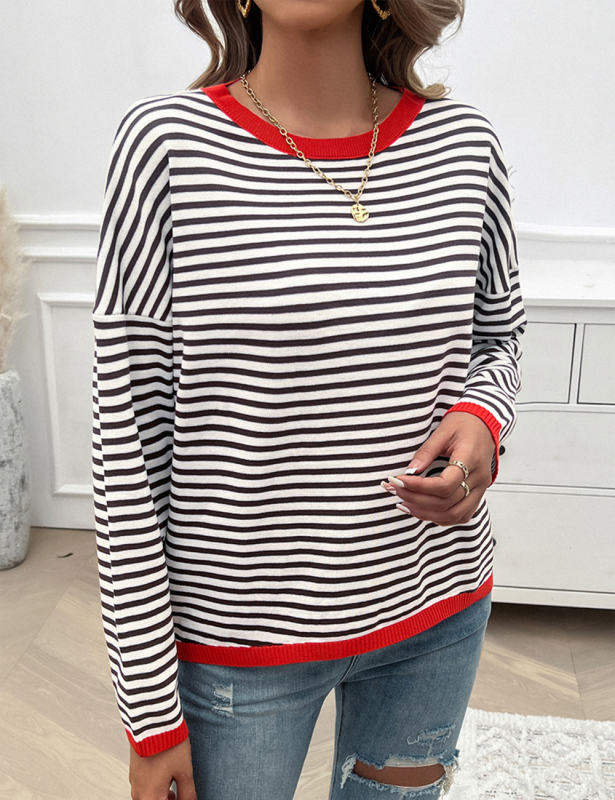 Red Striped Crew Neck Drop Shoulder Sweater