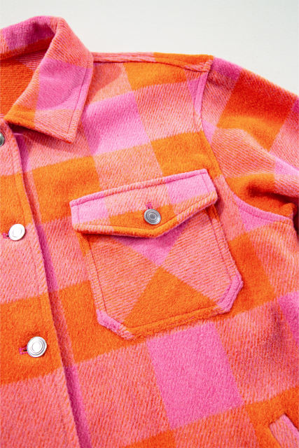 Orange Plaid Chest Pockets Button-up Turn Down Collar Jacket