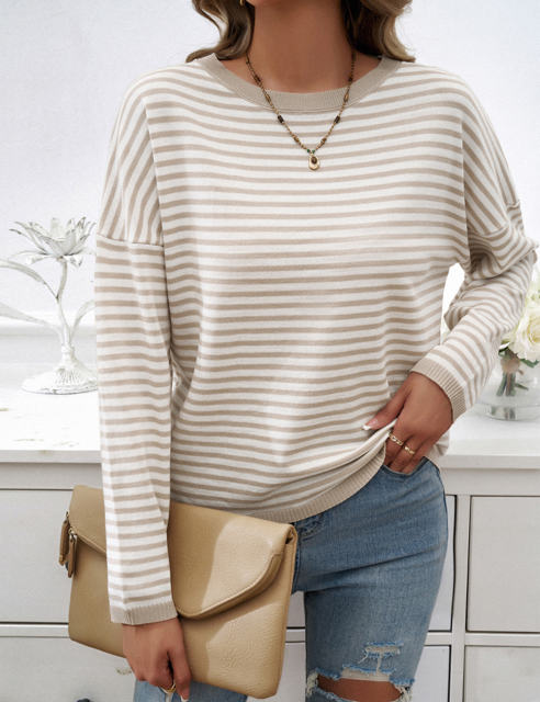 Apricot Striped Crew Neck Drop Shoulder Sweater