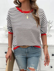 Red Striped Crew Neck Drop Shoulder Sweater