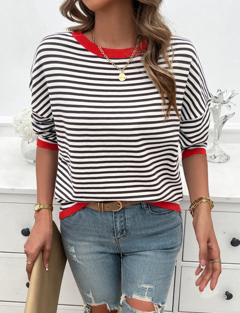 Red Striped Crew Neck Drop Shoulder Sweater