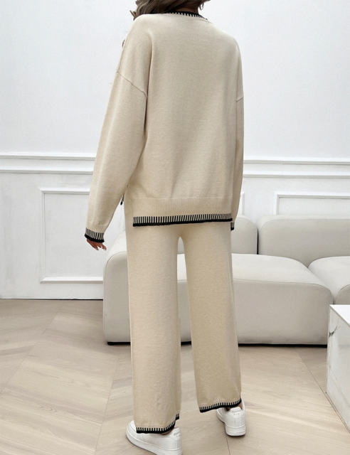 Apricot Contrast Knit Sweater and Pant Set