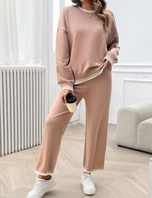 Pink Contrast Knit Sweater and Pant Set