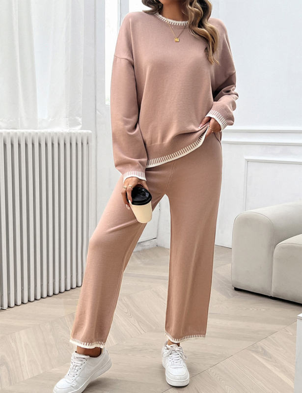 Pink Contrast Knit Sweater and Pant Set