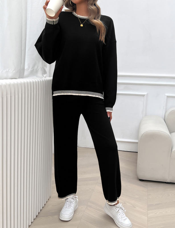 Black Contrast Knit Sweater and Pant Set