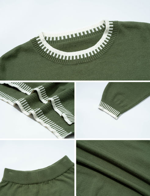 Army Green Contrast Knit Sweater and Pant Set