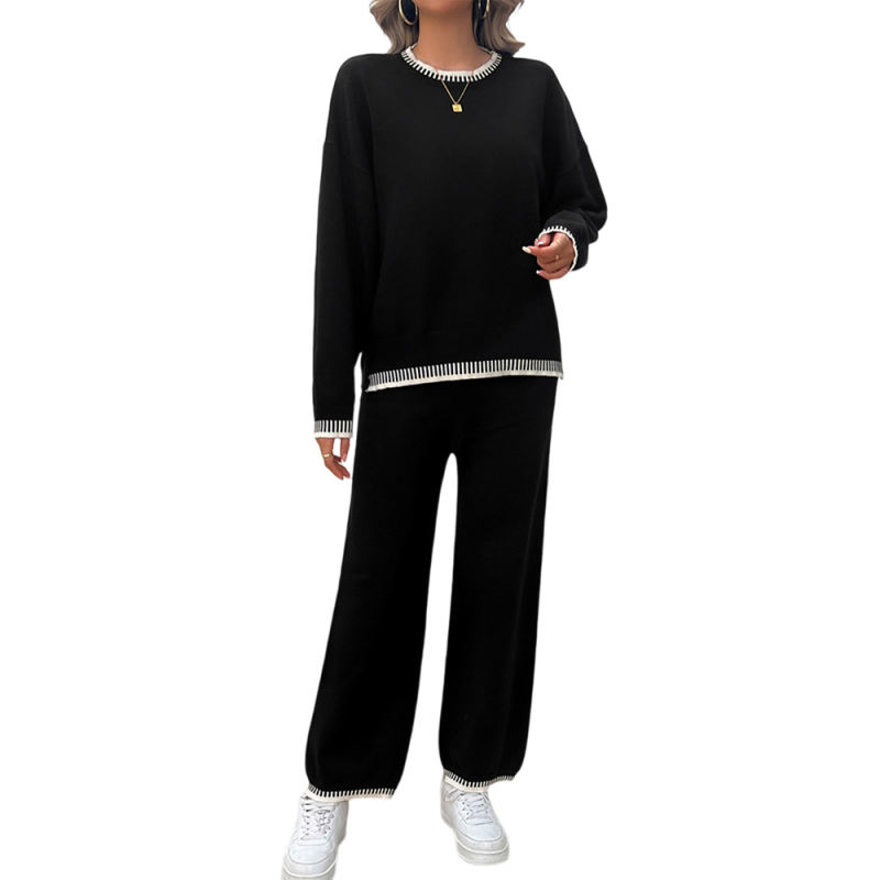 Black Contrast Knit Sweater and Pant Set