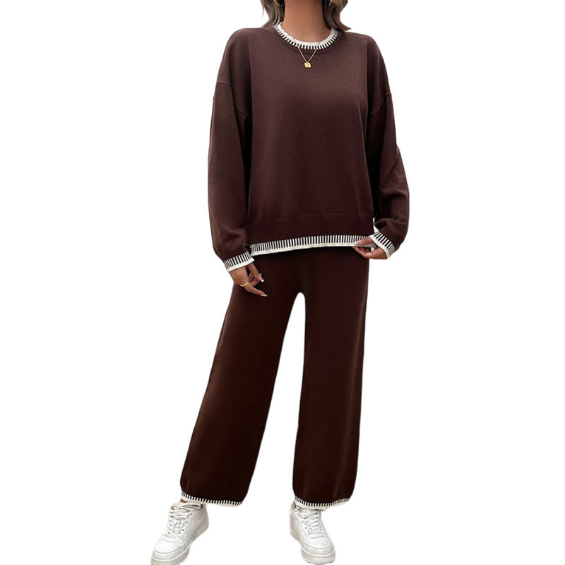 Coffee Contrast Knit Sweater and Pant Set