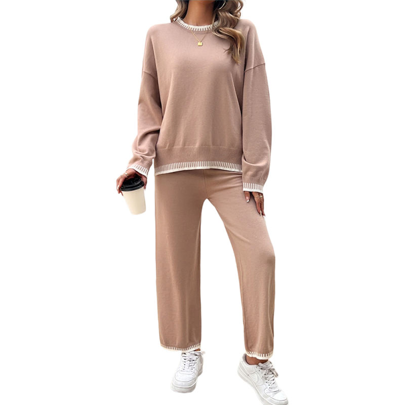 Pink Contrast Knit Sweater and Pant Set