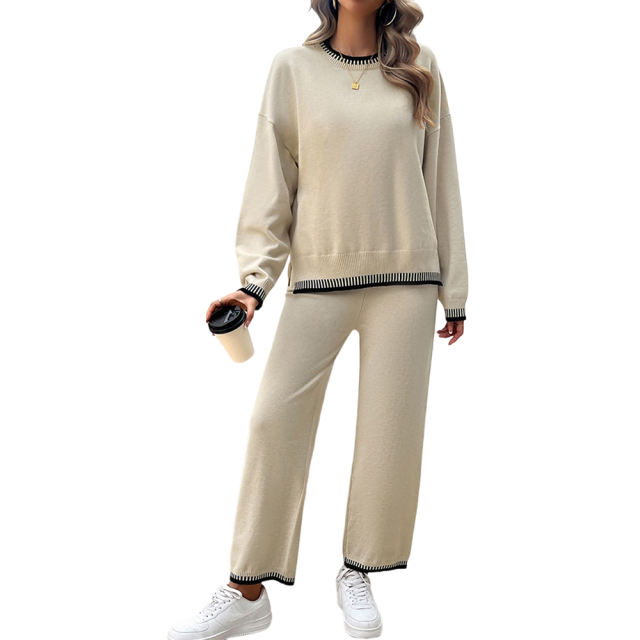 Apricot Contrast Knit Sweater and Pant Set