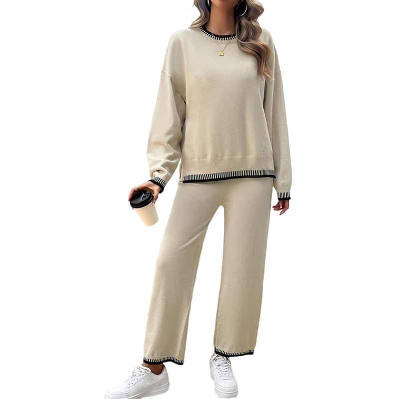 Apricot Contrast Knit Sweater and Pant Set