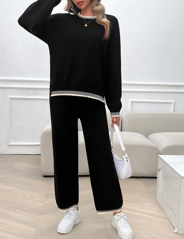 Black Contrast Knit Sweater and Pant Set