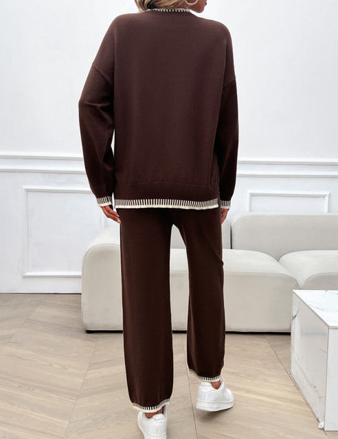 Coffee Contrast Knit Sweater and Pant Set