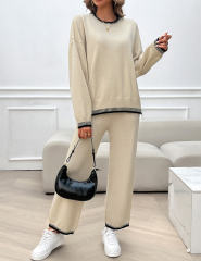 Apricot Contrast Knit Sweater and Pant Set