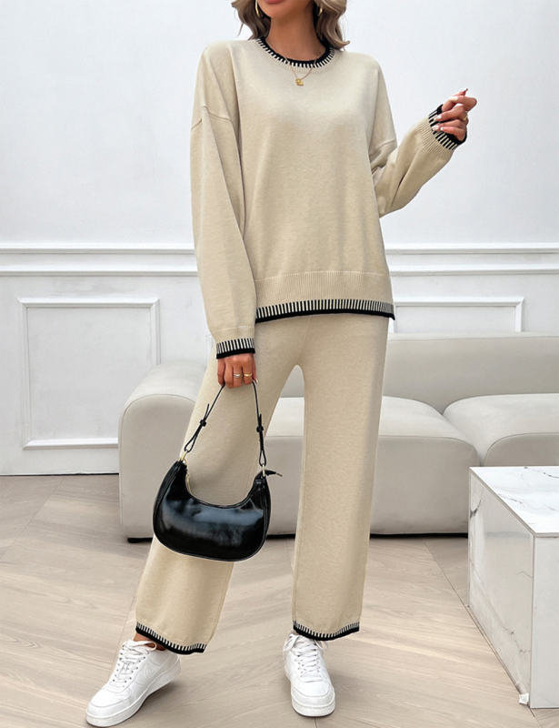 Apricot Contrast Knit Sweater and Pant Set