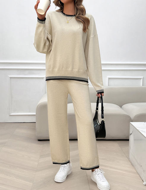 Apricot Contrast Knit Sweater and Pant Set