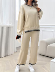 Apricot Contrast Knit Sweater and Pant Set