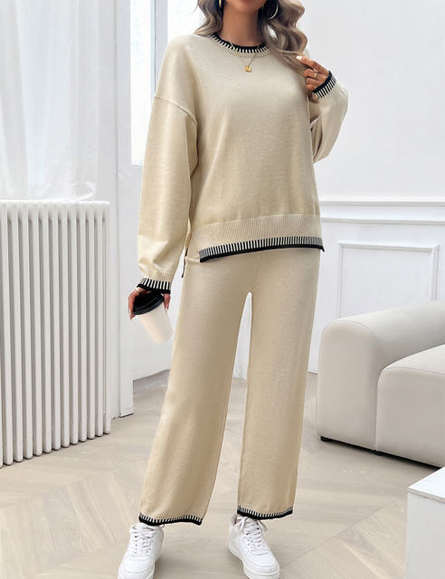 Apricot Contrast Knit Sweater and Pant Set