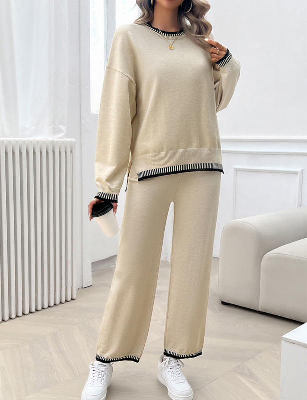 Apricot Contrast Knit Sweater and Pant Set