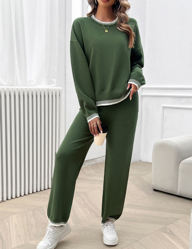 Army Green Contrast Knit Sweater and Pant Set