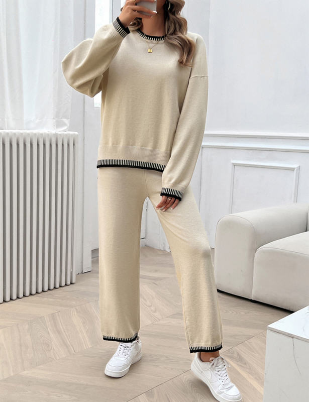 Apricot Contrast Knit Sweater and Pant Set