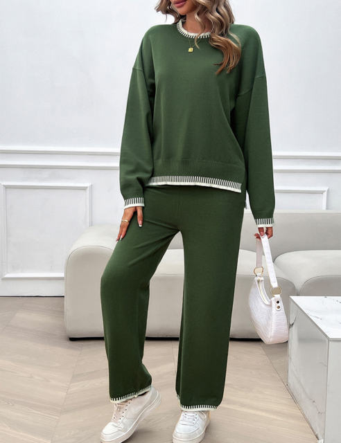 Army Green Contrast Knit Sweater and Pant Set