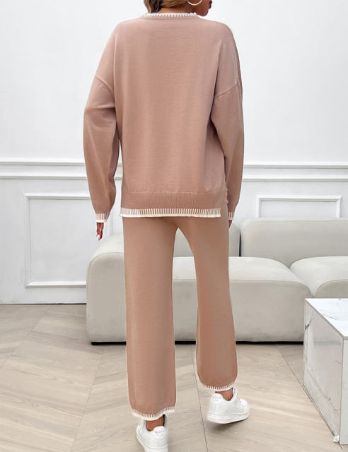 Pink Contrast Knit Sweater and Pant Set