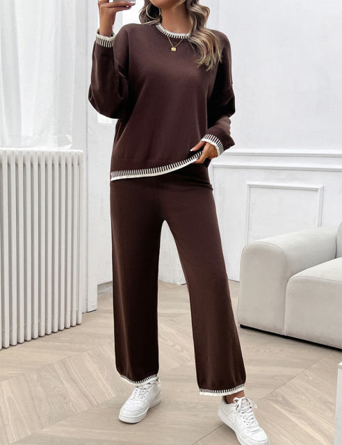 Coffee Contrast Knit Sweater and Pant Set