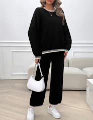 Black Contrast Knit Sweater and Pant Set