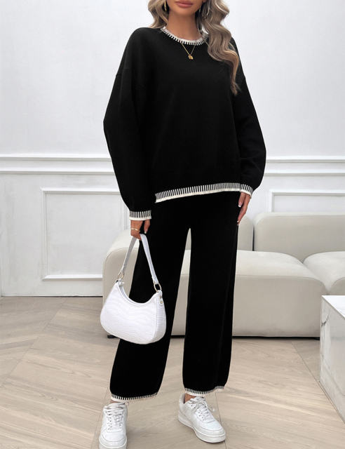 Black Contrast Knit Sweater and Pant Set