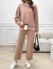 Pink Contrast Knit Sweater and Pant Set
