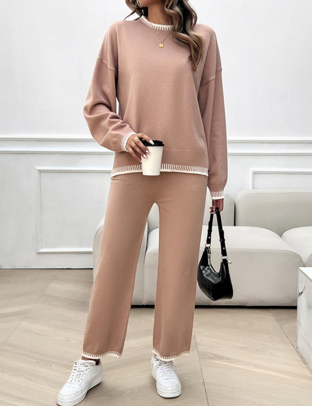 Pink Contrast Knit Sweater and Pant Set