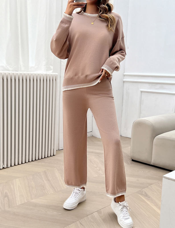 Pink Contrast Knit Sweater and Pant Set