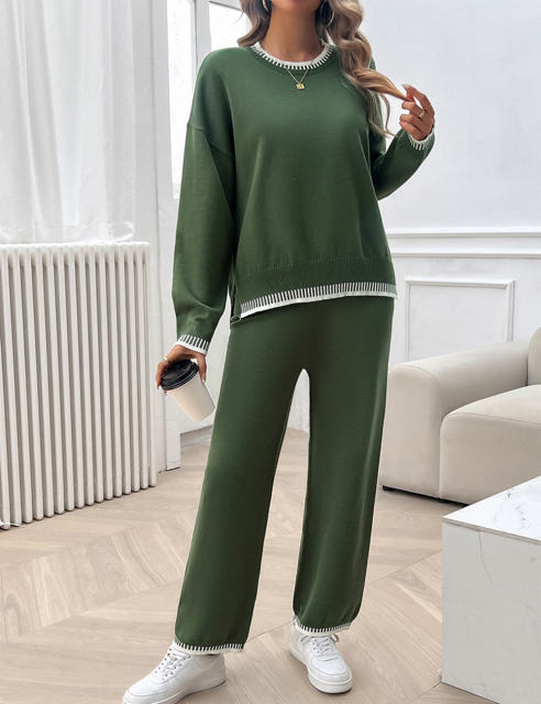 Army Green Contrast Knit Sweater and Pant Set