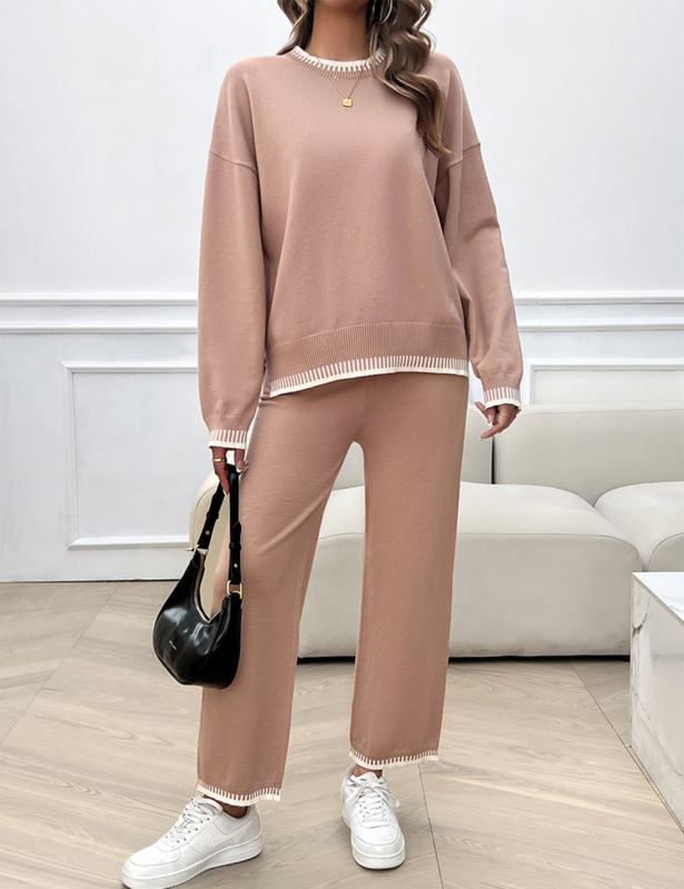 Pink Contrast Knit Sweater and Pant Set