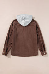 Coffee Hooded Drawstring Pockets Corduroy Shacket