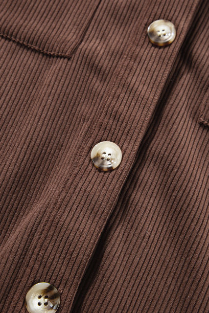 Coffee Hooded Drawstring Pockets Corduroy Shacket
