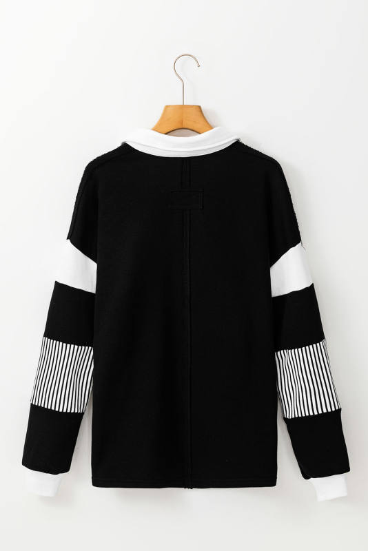 Black Striped Colorblock Patchwork Collar Sweatshirt