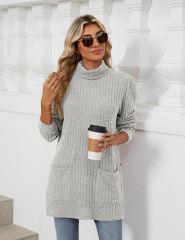 Light Gray Turtleneck Side Split Pocket Long Sleeve Tops