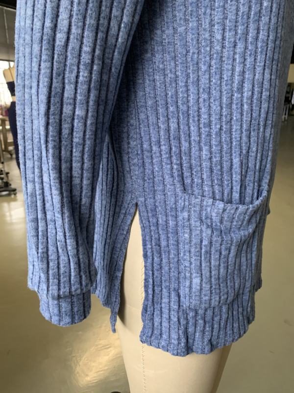 Blue Turtleneck Side Split Pocket Long Sleeve Tops