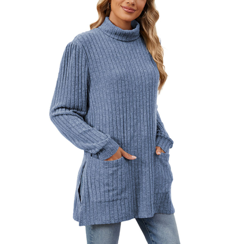 Blue Turtleneck Side Split Pocket Long Sleeve Tops