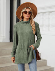 Army Green Turtleneck Side Split Pocket Long Sleeve Tops