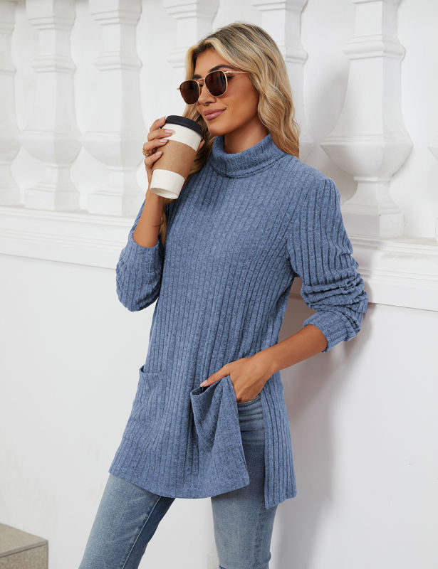 Blue Turtleneck Side Split Pocket Long Sleeve Tops