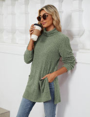 Army Green Turtleneck Side Split Pocket Long Sleeve Tops