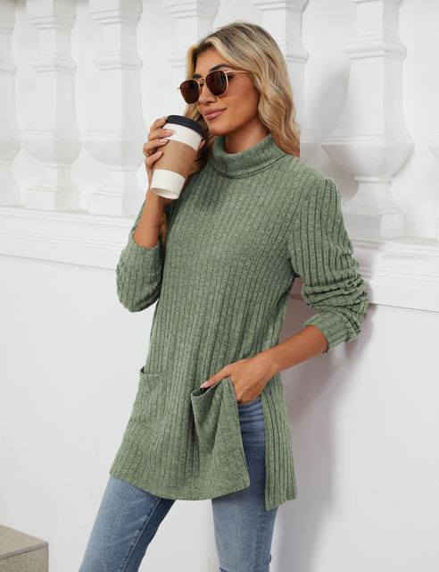 Army Green Turtleneck Side Split Pocket Long Sleeve Tops
