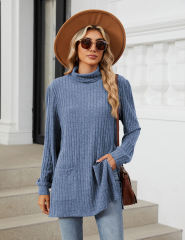 Blue Turtleneck Side Split Pocket Long Sleeve Tops