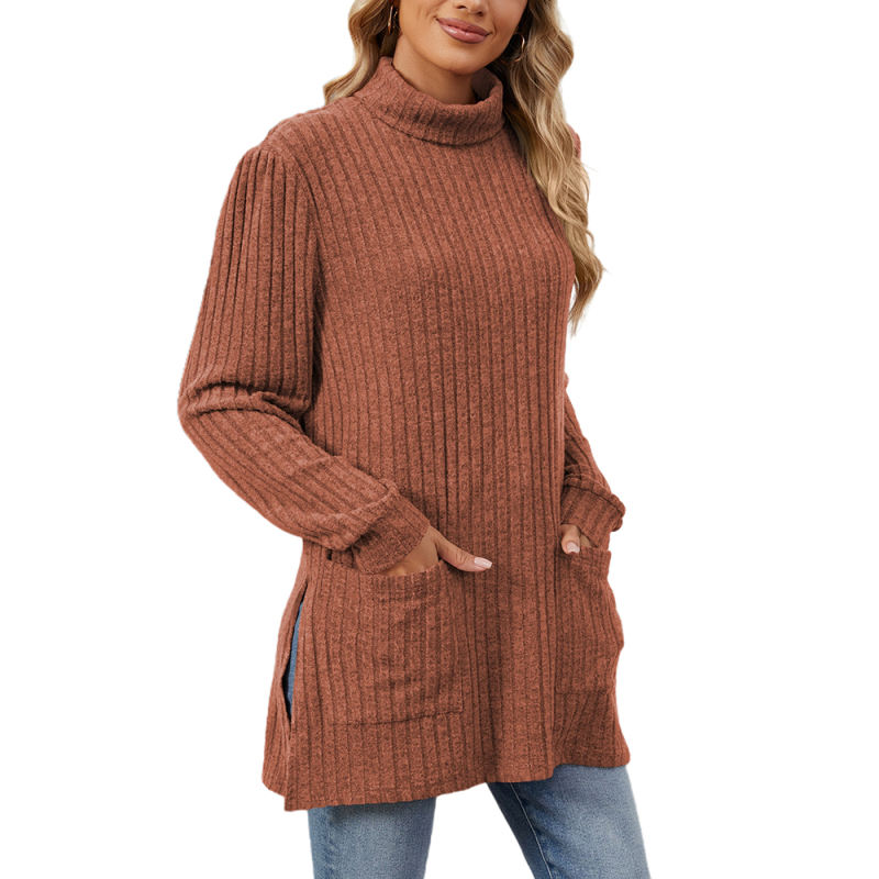Rust Red Turtleneck Side Split Pocket Long Sleeve Tops