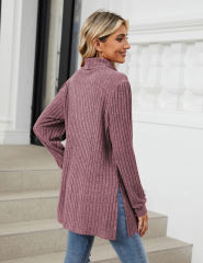 Purplish Red Turtleneck Side Split Pocket Long Sleeve Tops