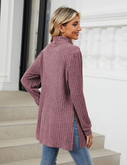 Purplish Red Turtleneck Side Split Pocket Long Sleeve Tops