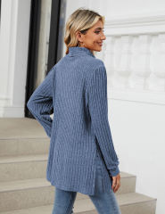 Blue Turtleneck Side Split Pocket Long Sleeve Tops